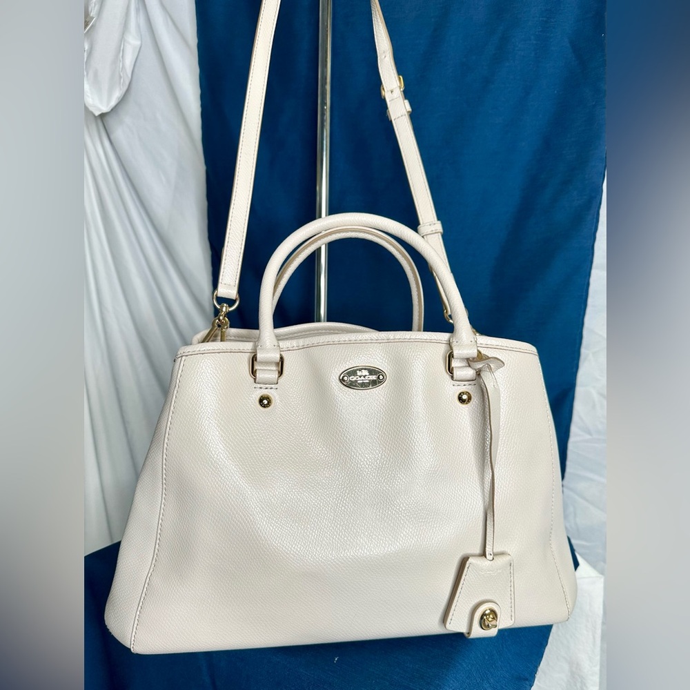 COACH Ivory Beige Crossgrain Leather Margot Carryall Satchel Crossbody HandBag